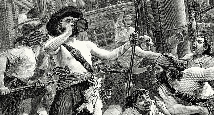 Men drinking and fighting on a ship