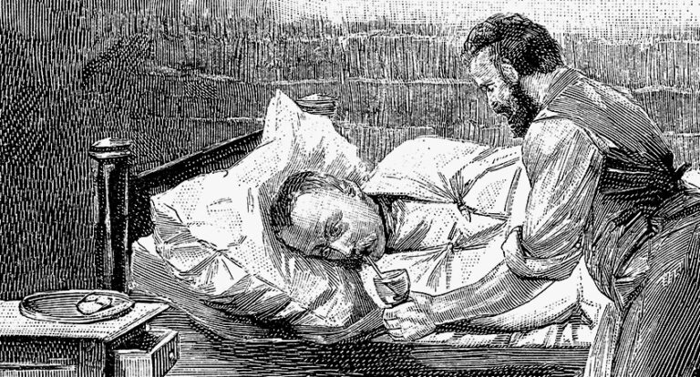 Vintage drawing of man drinking rum in bed
