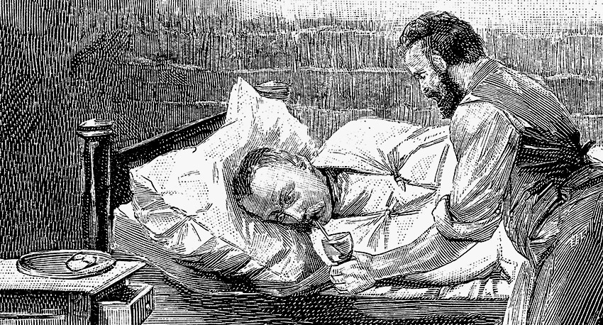 Vintage drawing of man drinking rum in bed