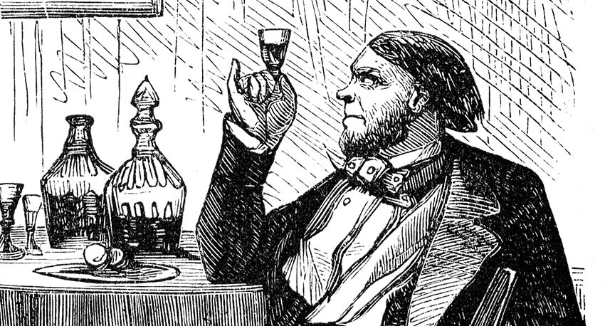 Vintage drawing of man drinking rum