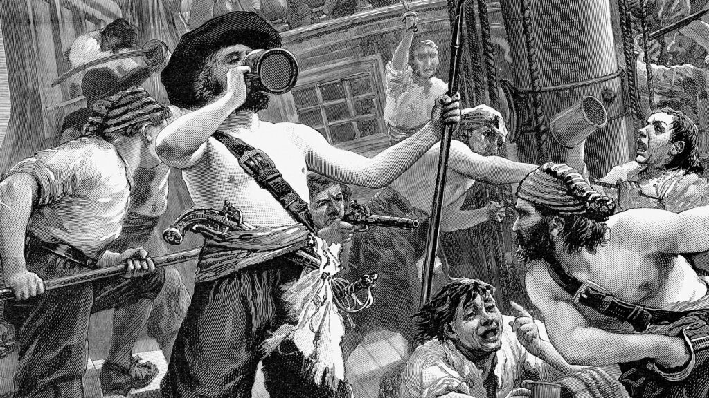 Drawing of men fighting and drinking on a ship